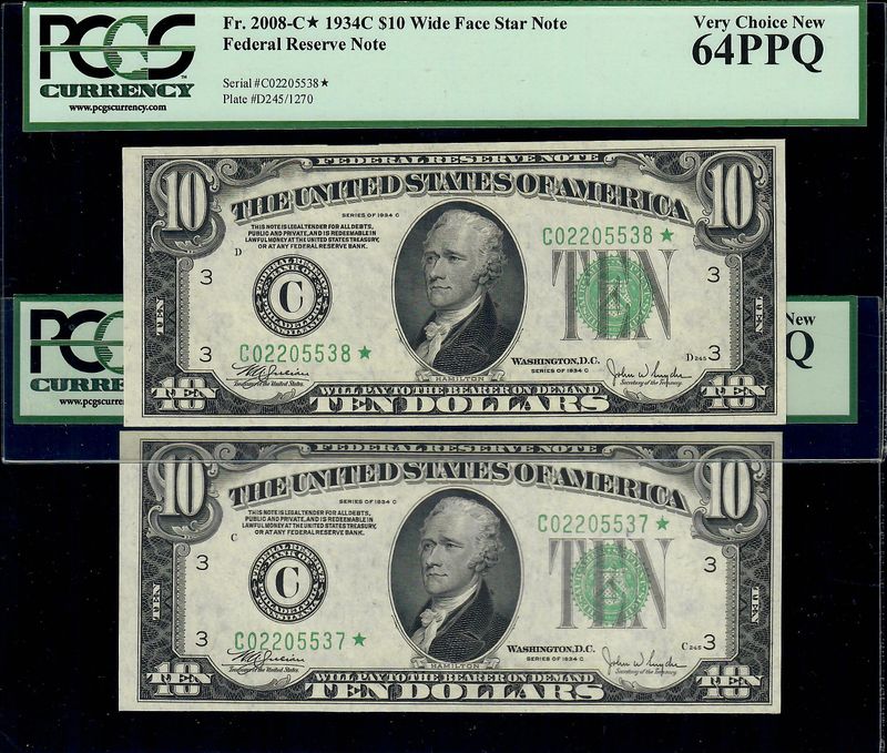 2 Consecutive 1934C $10 Federal Reserve Star Note. Philadelphia . PCGS 64 PPQ