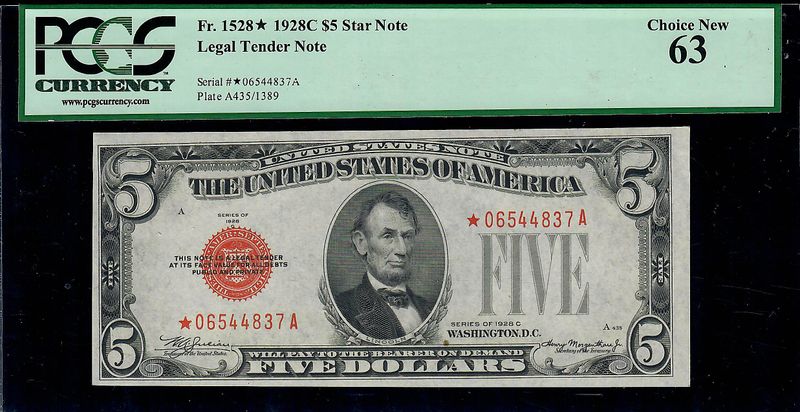 1928C $5 Legal Tender Fr. 1528* Star Note PCGS 63 UNC 1928C $5 Legal Tender Fr. 1528* Star Note PCGS 63 UNC