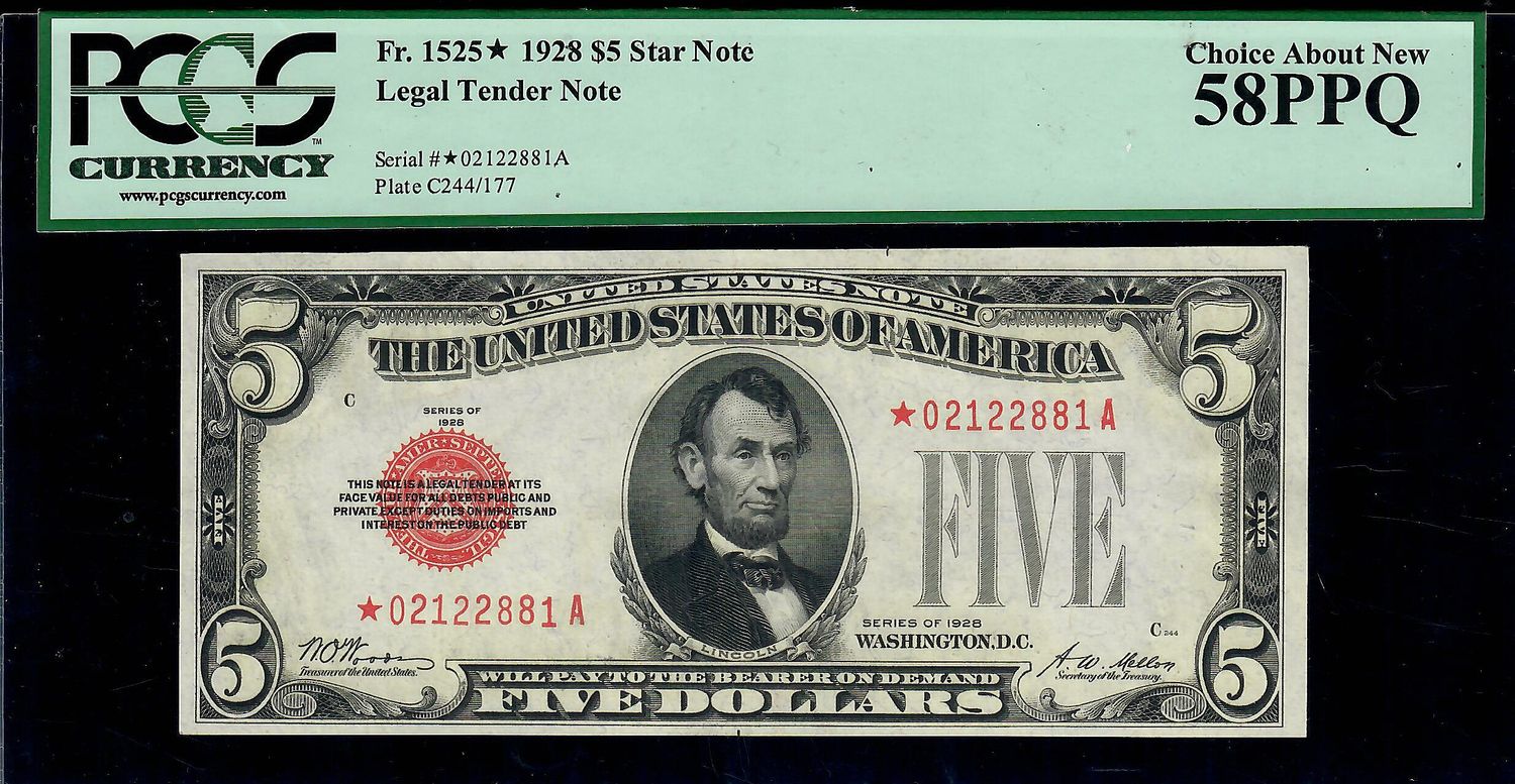 1928C $5 Legal Tender Fr. 1525* Star Note PCGS 58 PPQ About UNC 1928C $5 Legal Tender Fr. 1525* Star Note PCGS 58 PPQ About UNC