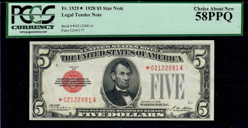 1928C $5 Legal Tender Fr. 1525* Star Note PCGS 58 PPQ About UNC 1928C $5 Legal Tender Fr. 1525* Star Note PCGS 58 PPQ About UNC