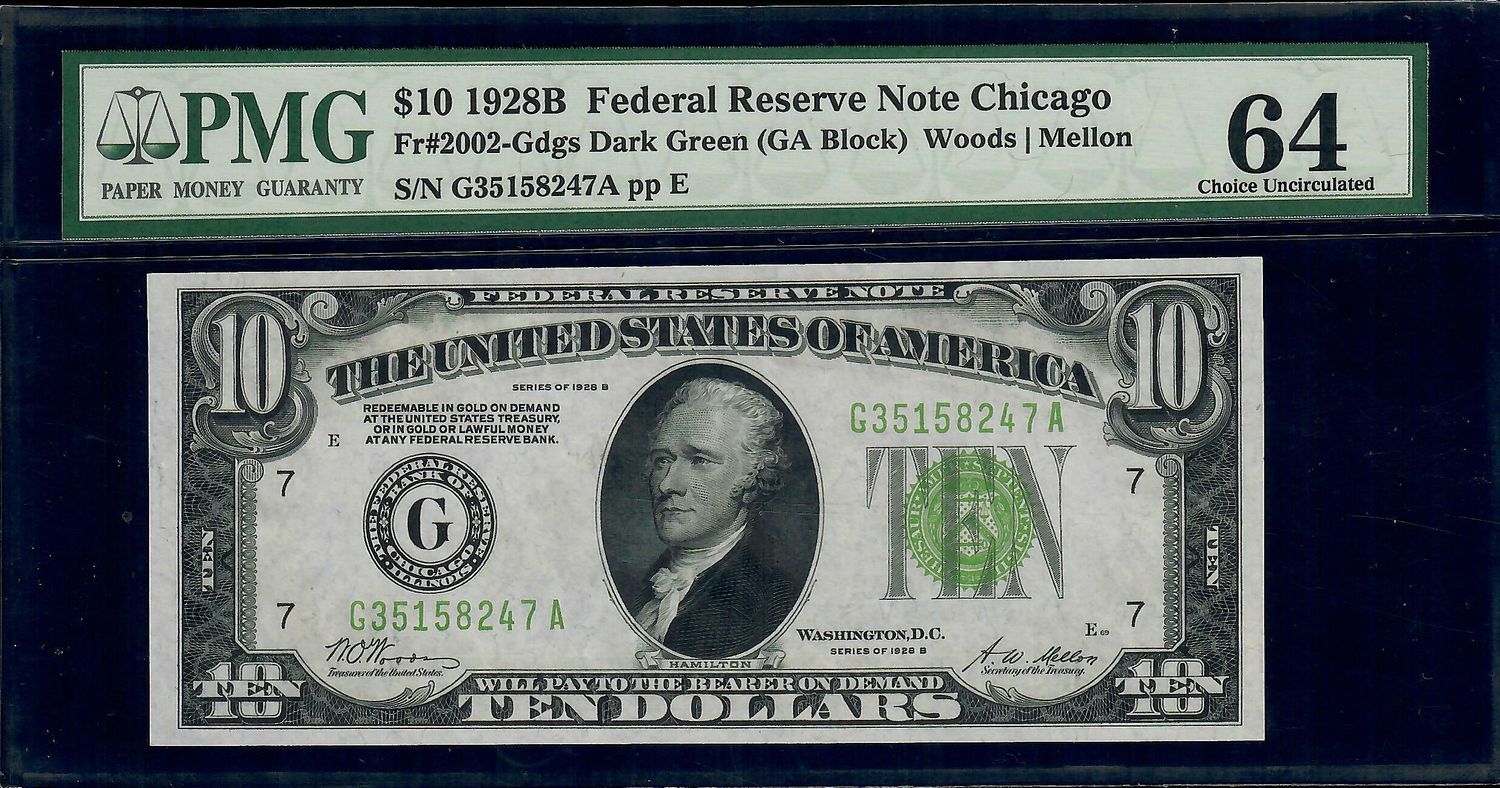 1928B $10 Federal Reserve Note Chicago Fr.2002-G Dark Green Seal PMG 64 UNC 1928B $10 Federal Reserve Note Chicago Fr.2002-G Dark Green Seal PMG 64 UNC