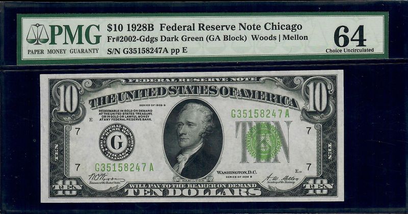 1928B $10 Federal Reserve Note Chicago Fr.2002-G  Dark Green Seal PMG 64 UNC