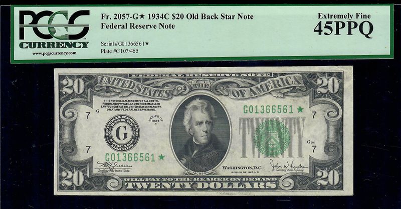 1934C $20 Federal Reserve Star Note. Chicago Fr.2057-G  PCGS 45 PPQ