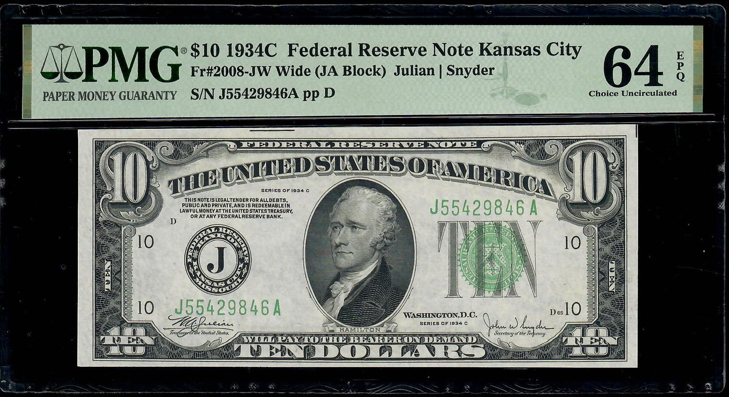 1934C $10 Federal Reserve Note Kansas City Fr.2008-JW Wide-PMG 64 EPQ UNC 1934C $10 Federal Reserve Note Kansas City Fr.2008-JW Wide-PMG 64 EPQ UNC