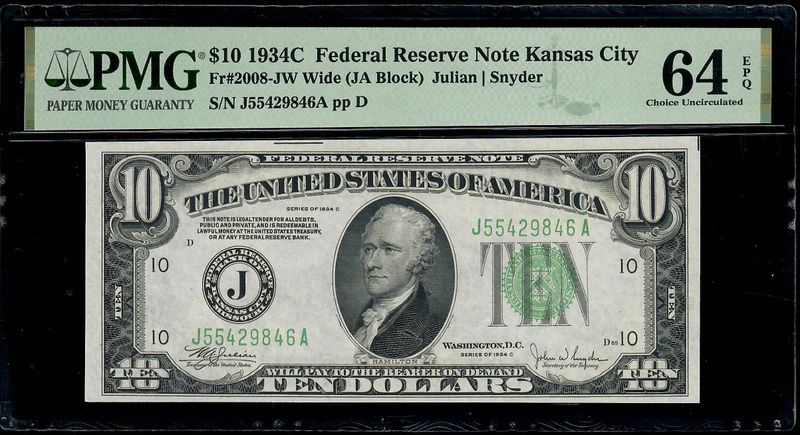 1934C $10 Federal Reserve Note Kansas City Fr.2008-JW Wide-PMG 64 EPQ UNC