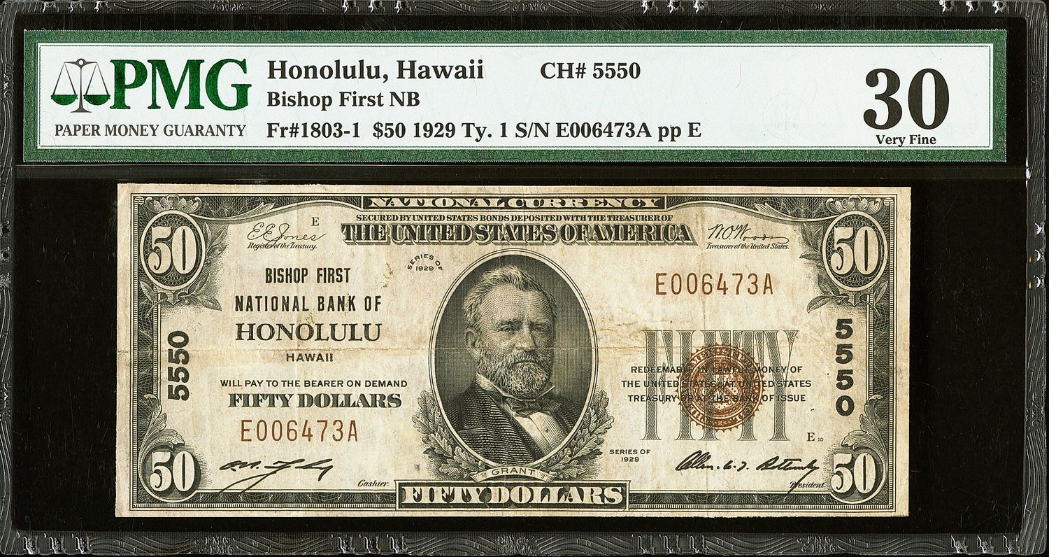 1929 $50 Bishop First National Bank of HONOLULU, HAWAII CH# 5550 PMG 30