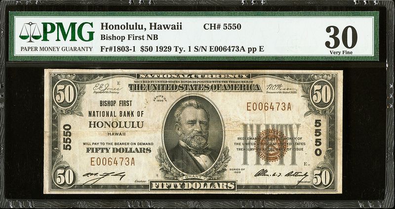 1929 $50 Bishop First National Bank of HONOLULU, HAWAII CH# 5550 PMG 30