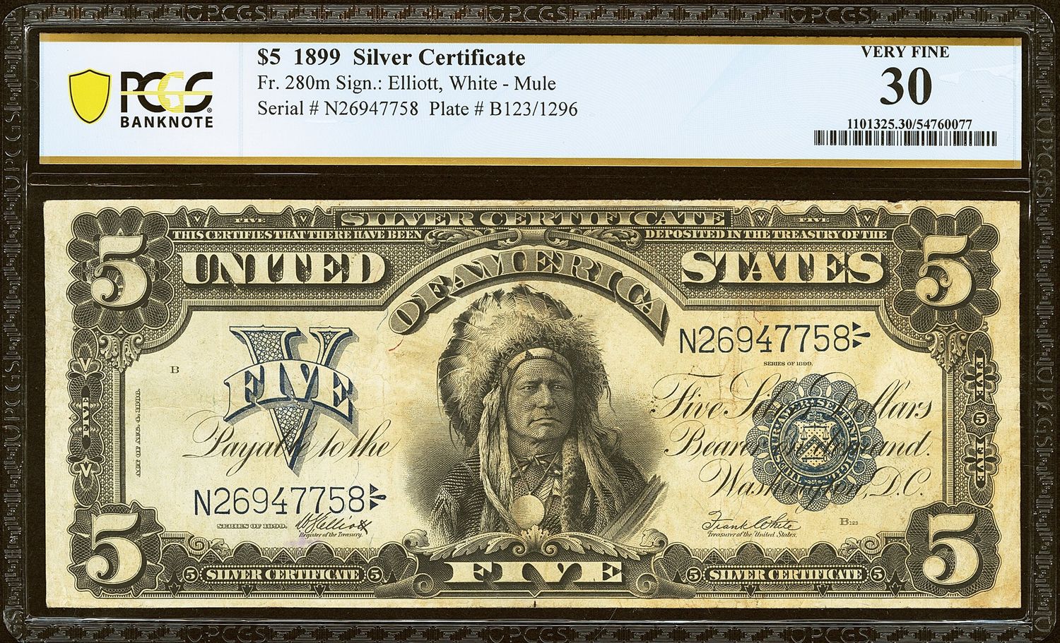 1899 $5 Silver Certificate Chief FR 280m Mule Note PCGS 30 Very Fine 1899 $5 Silver Certificate Chief FR 280m Mule Note PCGS 30 Very Fine