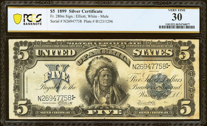 1899 $5 Silver Certificate Chief FR 280m Mule Note PCGS 30 Very Fine 1899 $5 Silver Certificate Chief FR 280m Mule Note PCGS 30 Very Fine