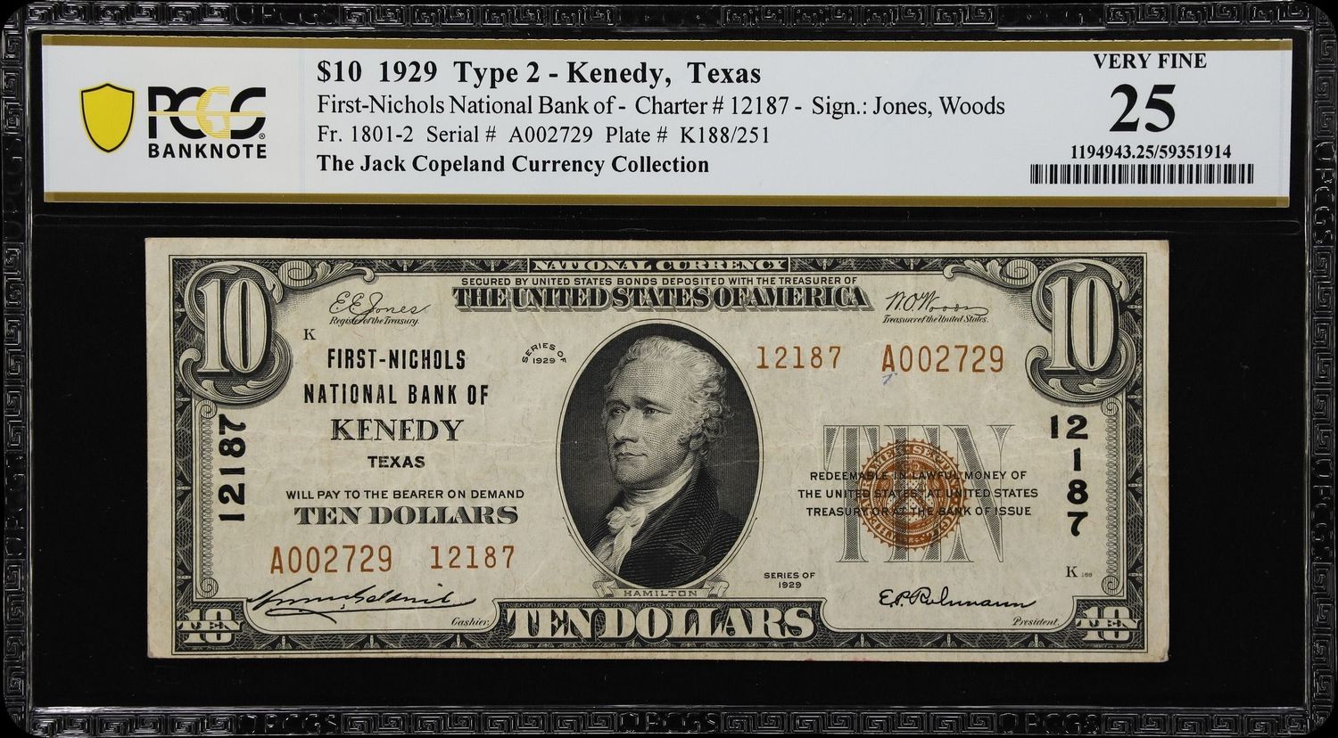 1929 $10 First- Nichols National Bank of Keneday , Tx  Ch. 12187 PCGS 25 VF