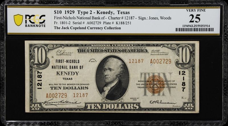 1929 $10 First- Nichols National Bank of Keneday , Tx  Ch. 12187 PCGS 25 VF