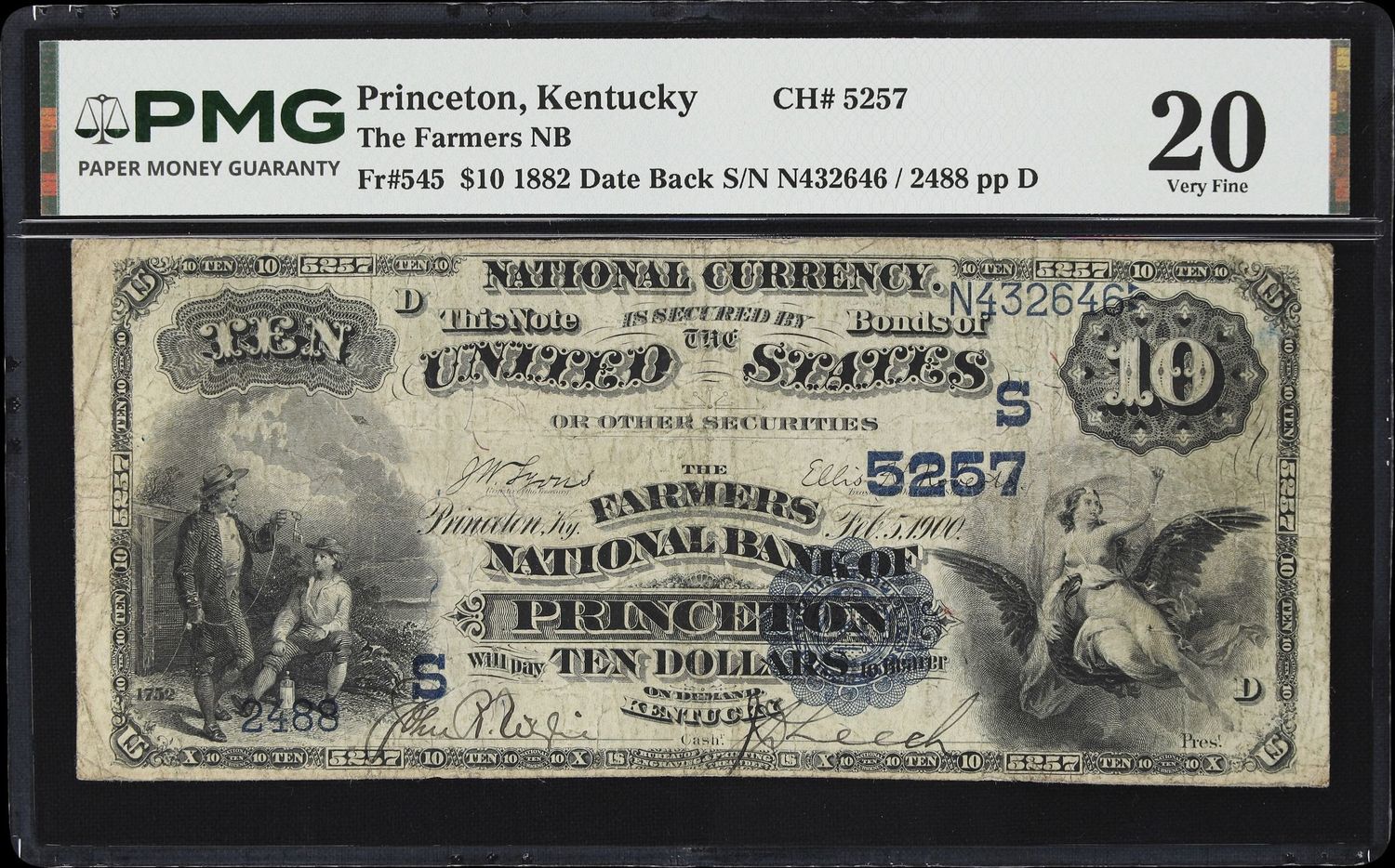$10 1882 Date Back. Farmers NB Princeton, Kentucky Charter #5257 PMG 20 VF