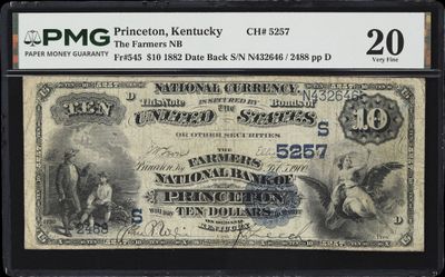 $10 1882 Date Back. Farmers NB Princeton, Kentucky Charter #5257 PMG 20 VF $10 1882 Date Back. Farmers NB Princeton, Kentucky Charter #5257 PMG 20 VF