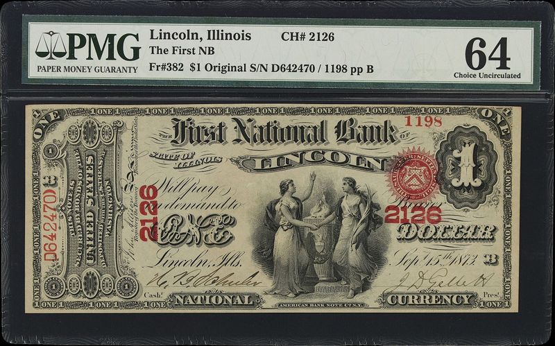 Lincoln, Illinois. $1 Original Fr. 382.- First NB. Charter #2126. PMG 64 UNC Lincoln, Illinois. $1 Original Fr. 382.- First NB. Charter #2126. PMG 64 UNC