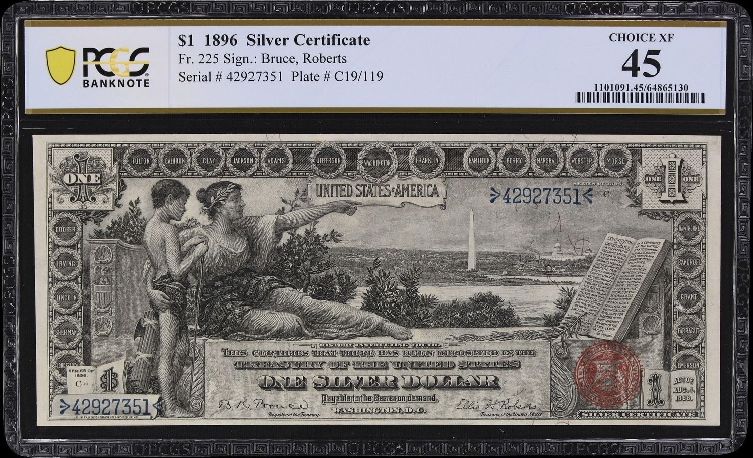 1896 $1 Silver Certificate Educational Note Fr. 225 PCGS 45 XF 1896 $1 Silver Certificate Educational Note Fr. 225 PCGS 45 XF
