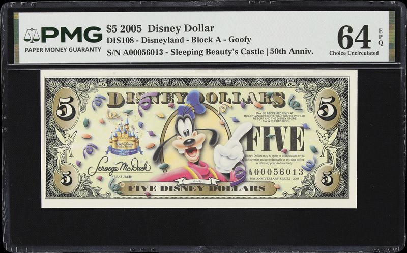 2005 $5 Disney Dollar DIS108 Block A -Goofy PMG 64 EPQ 2005 $5 Disney Dollar DIS108 Block A -Goofy PMG 64 EPQ