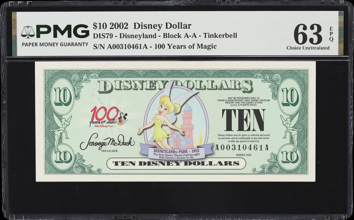 2002 $10 Disney Dollar DIS79-Disneyland- Block A -A- Tinkerbell PMG 63 EPQ 2002 $10 Disney Dollar DIS79-Disneyland- Block A -A- Tinkerbell PMG 63 EPQ