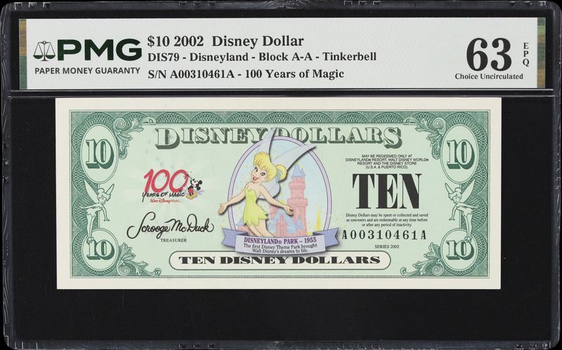 2002 $10 Disney Dollar DIS79-Disneyland- Block A -A- Tinkerbell PMG 63 EPQ 2002 $10 Disney Dollar DIS79-Disneyland- Block A -A- Tinkerbell PMG 63 EPQ