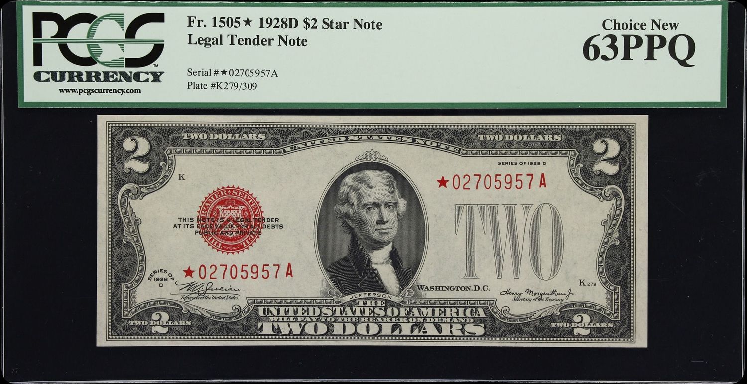 Fr. 1505*. 1928D $2 Legal Tender Star Note. PCGS Currency Choice New 63 PPQ. Fr. 1505*. 1928D $2 Legal Tender Star Note. PCGS Currency Choice New 63 PPQ.