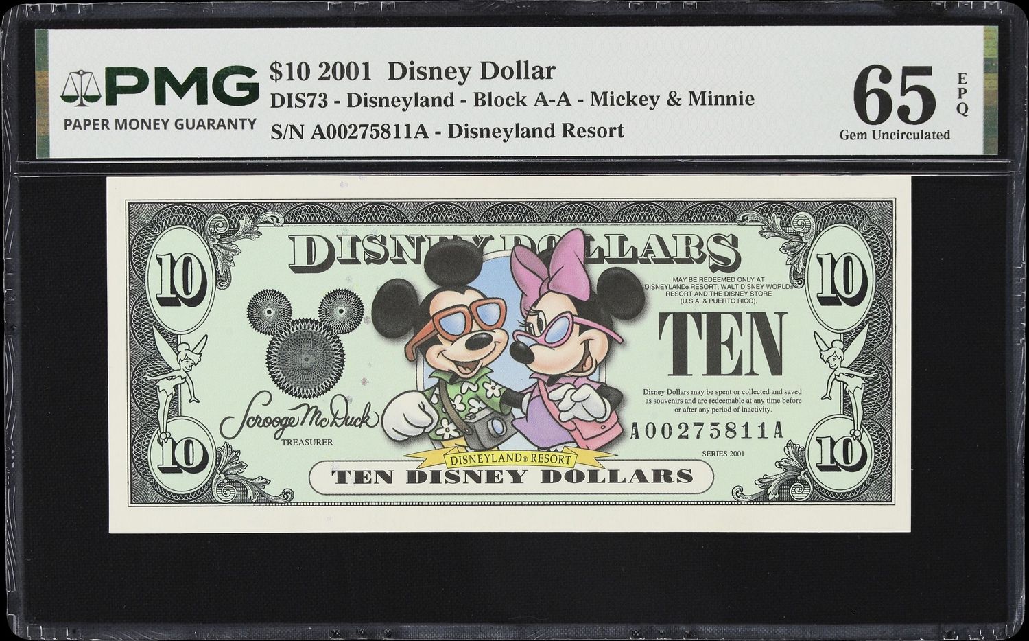2001 $10 Disney Dollar DIS73-Disneyland- Block A -A- Mickey & Minnie  PMG 65 EPQ