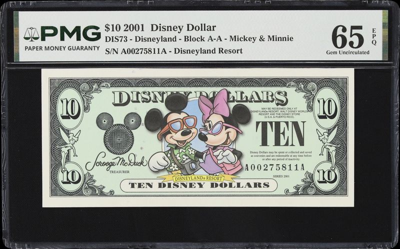 2001 $10 Disney Dollar DIS73-Disneyland- Block A -A- Mickey & Minnie PMG 65 EPQ 2001 $10 Disney Dollar DIS73-Disneyland- Block A -A- Mickey & Minnie PMG 65 EPQ