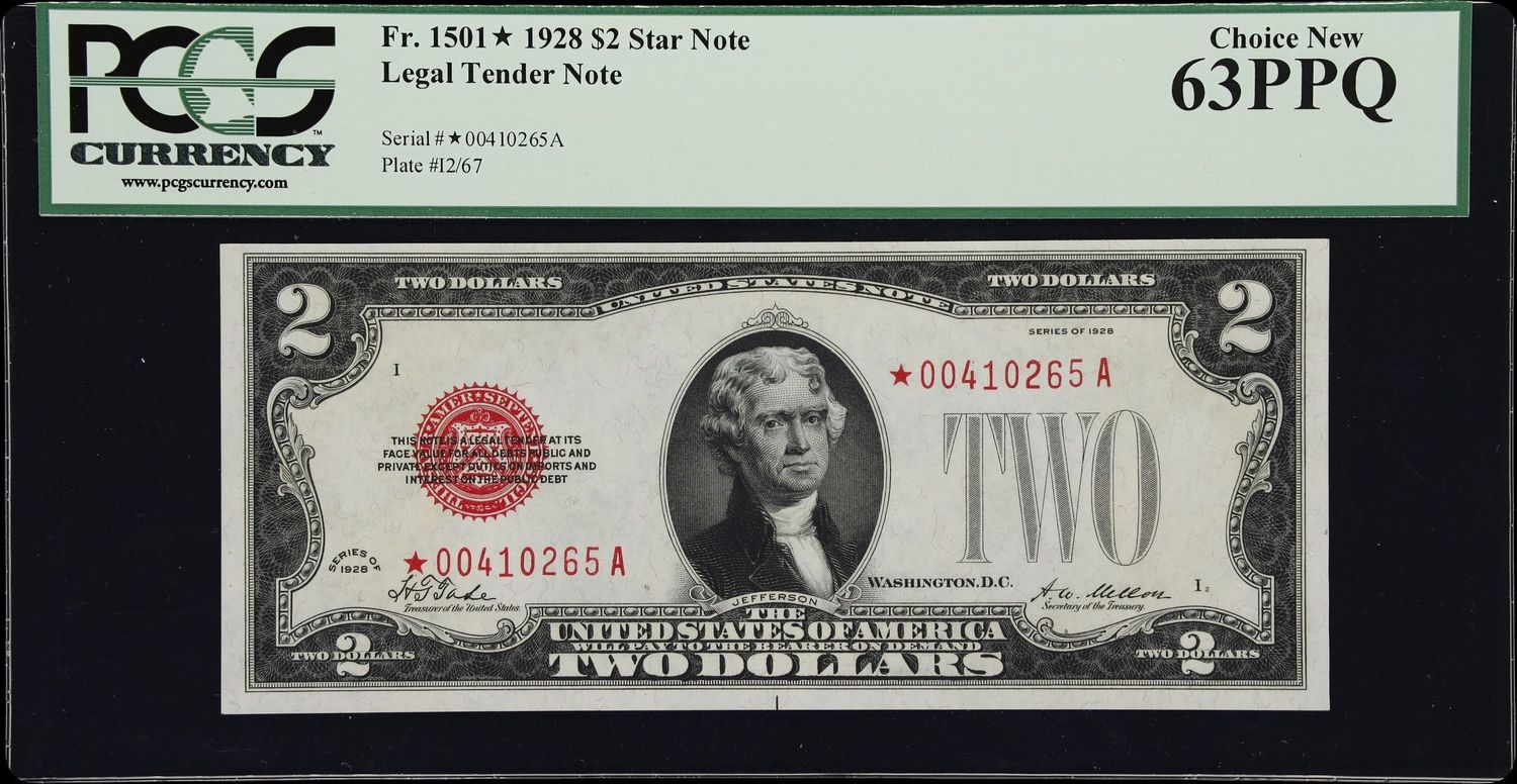 Fr. 1501*. 1928 $2 Legal Tender Star Note. PCGS Currency Choice New 63 PPQ. Fr. 1501*. 1928 $2 Legal Tender Star Note. PCGS Currency Choice New 63 PPQ.