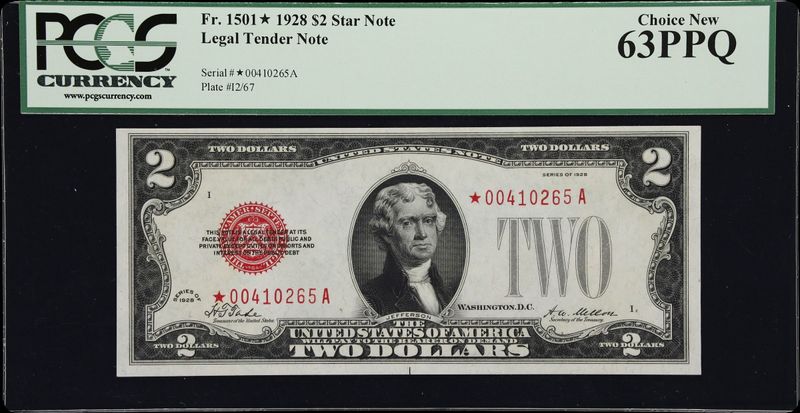 Fr. 1501*. 1928 $2 Legal Tender Star Note. PCGS Currency Choice New 63 PPQ. Fr. 1501*. 1928 $2 Legal Tender Star Note. PCGS Currency Choice New 63 PPQ.