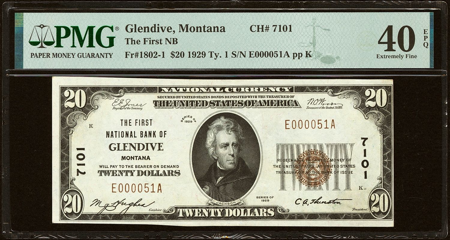 1929 $10 The First National Bank - CH# 7101  Glendive, MT- PMG 40 EPQ
