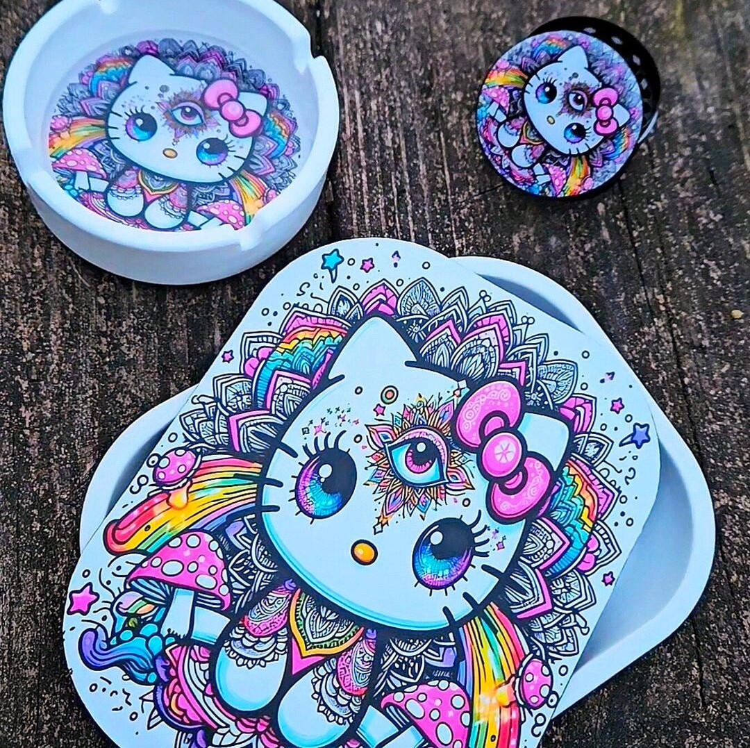3rd Eye Kitty Mushroom Rolling Tray with Magnetic Lid