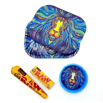 3d Tribal Lion Metal Rolling Tray with Magnetic Lid Set