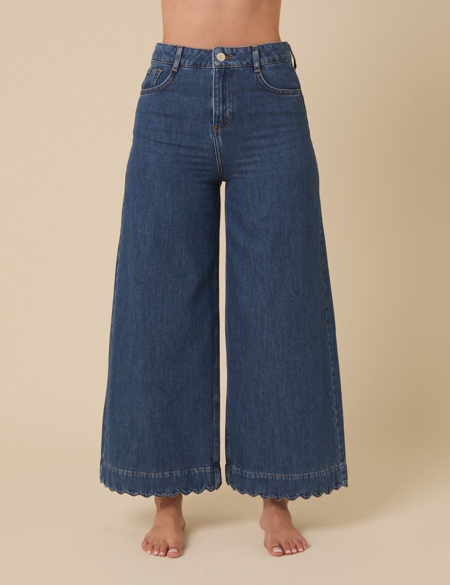Denim Cropped Palazzo Trousers, Size: 8