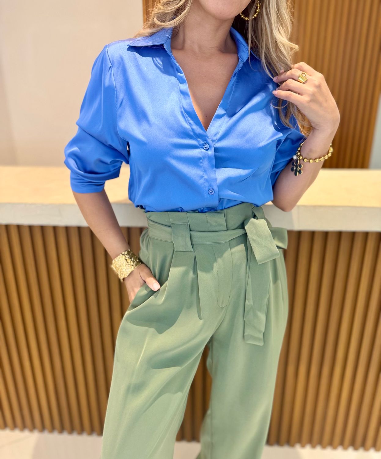 Blue Satin Long Sleeve Blouse