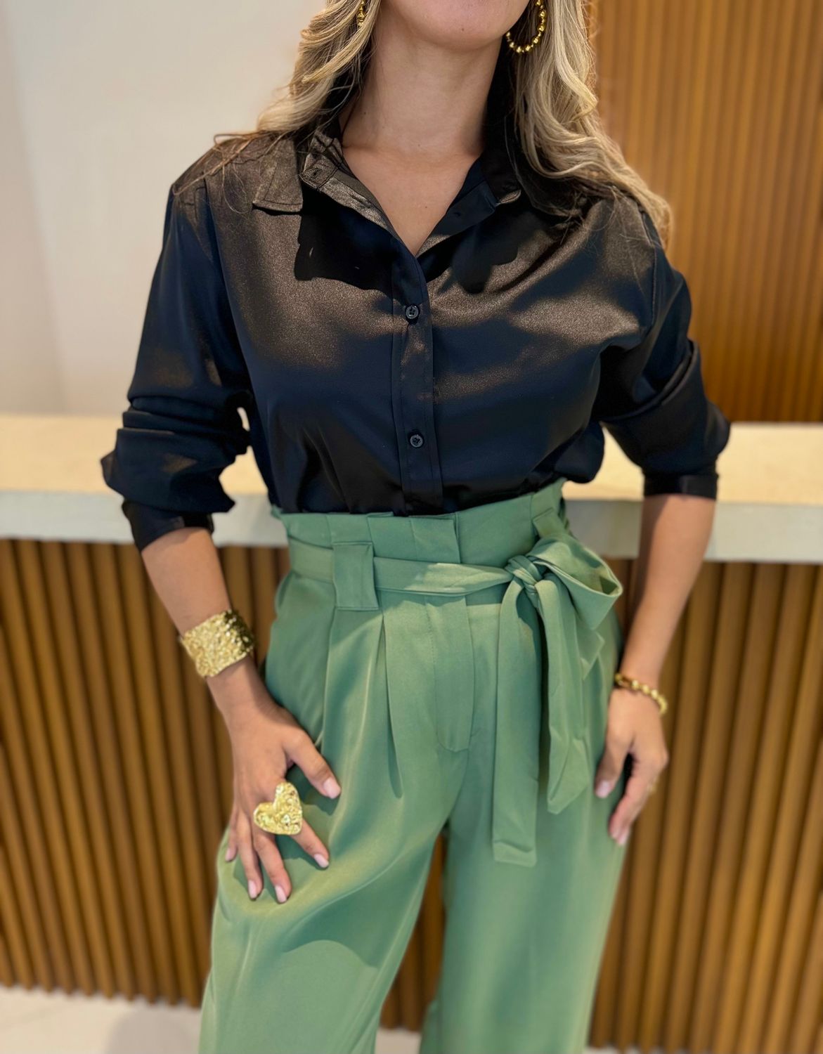 Black Satin Long Sleeve Blouse