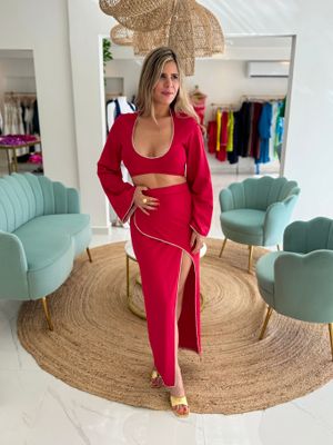 Red Long Sleeve Skirt Set