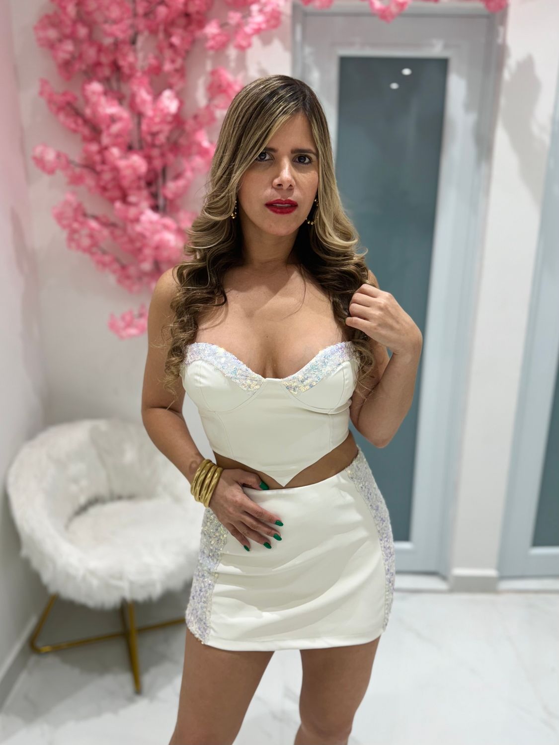 White Leather Skirt Set