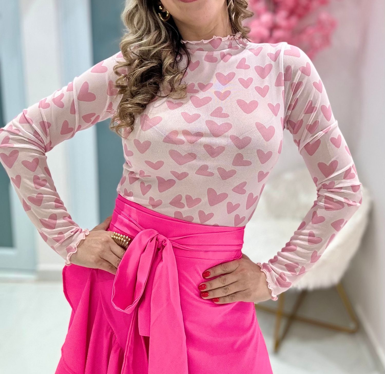 Pink Hearts Mesh Top