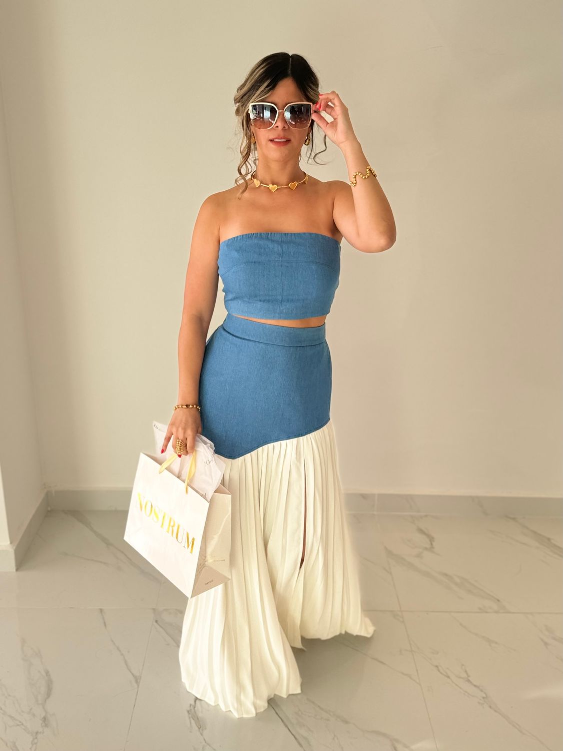 Denim &amp; White Modern Skirt Set