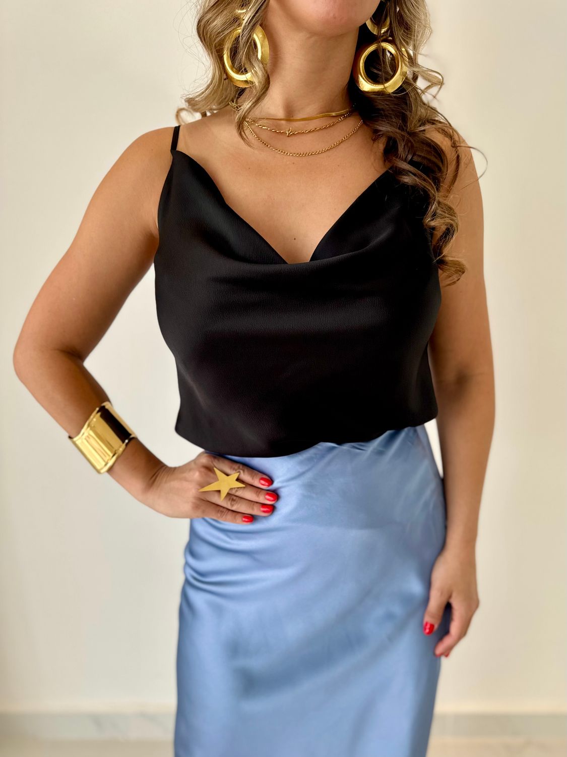 Black Satin Strappy Top