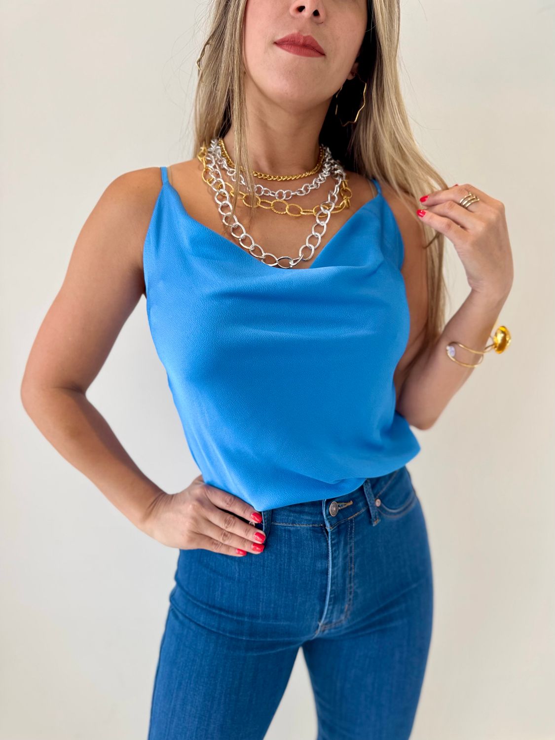 Blue Satin Strappy Top