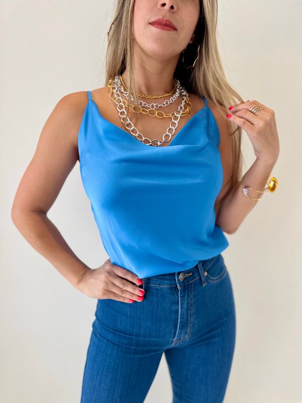 Blue Satin Strappy Top
