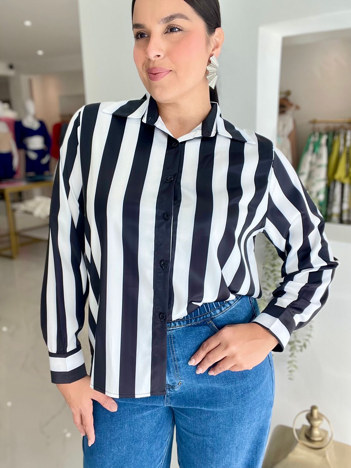 Black &amp; White Lines Long Sleeve Blouse