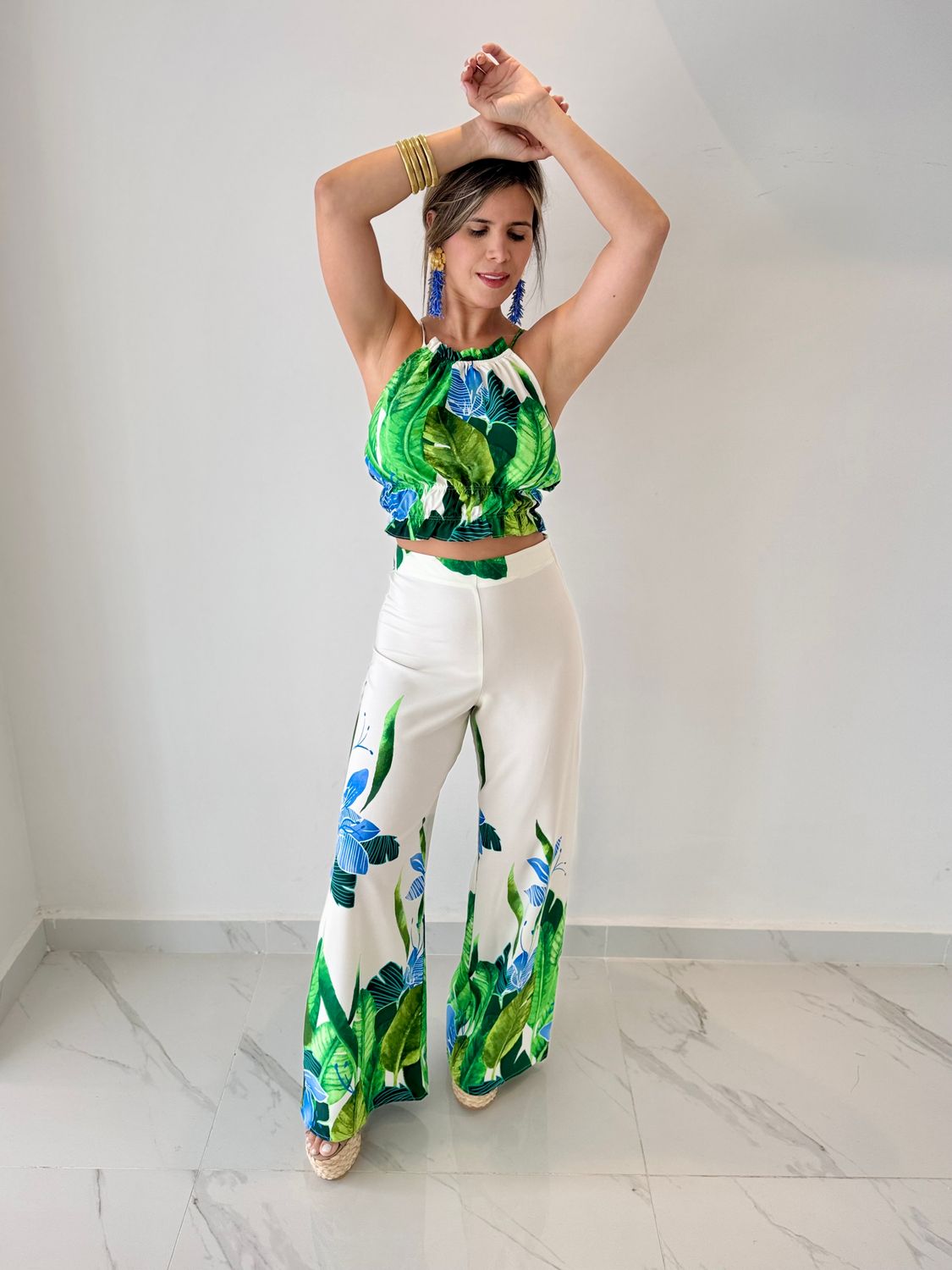 Tropical Green &amp; White Pant Set