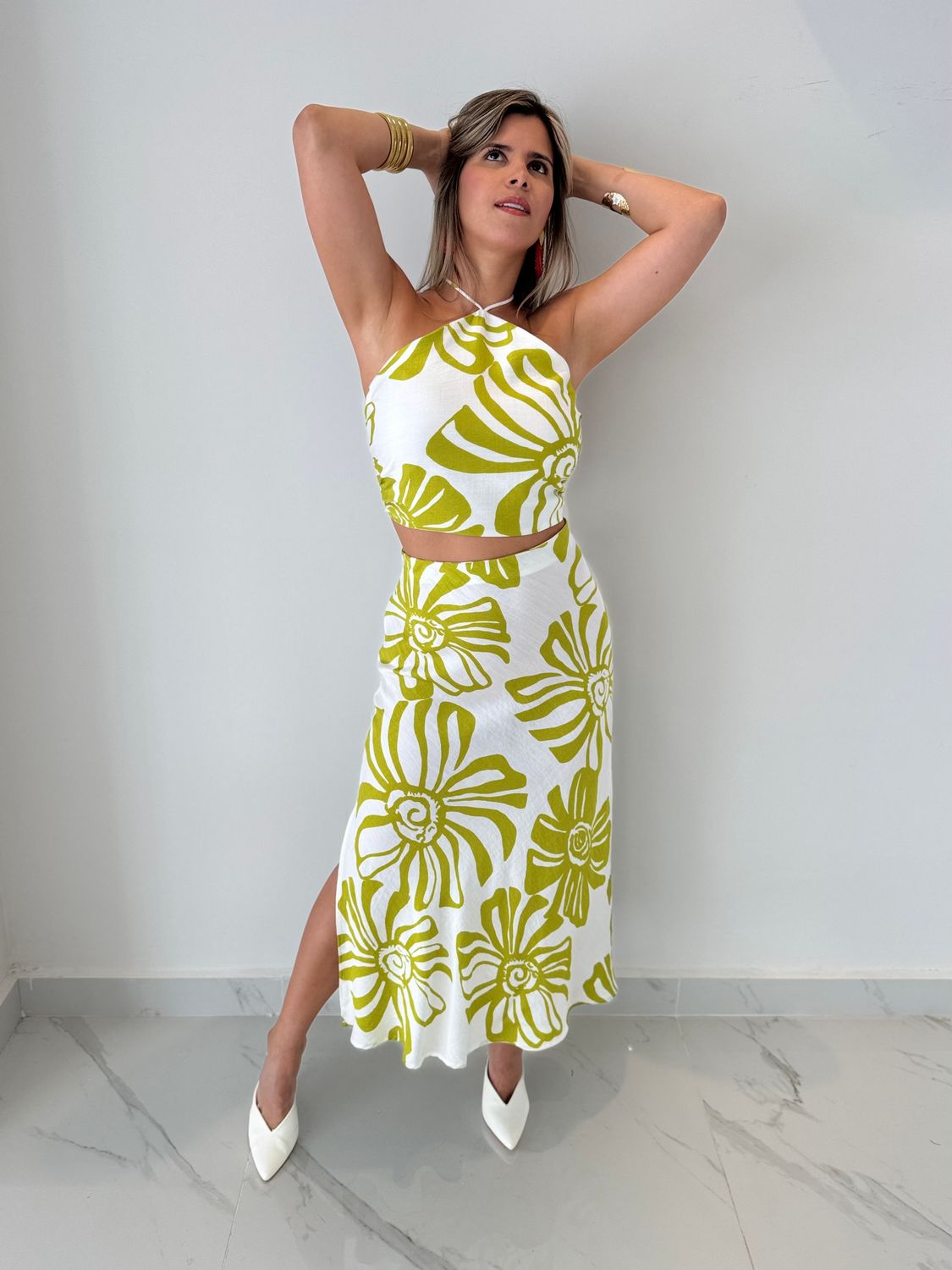 Green &amp; White Printed Skirt Set