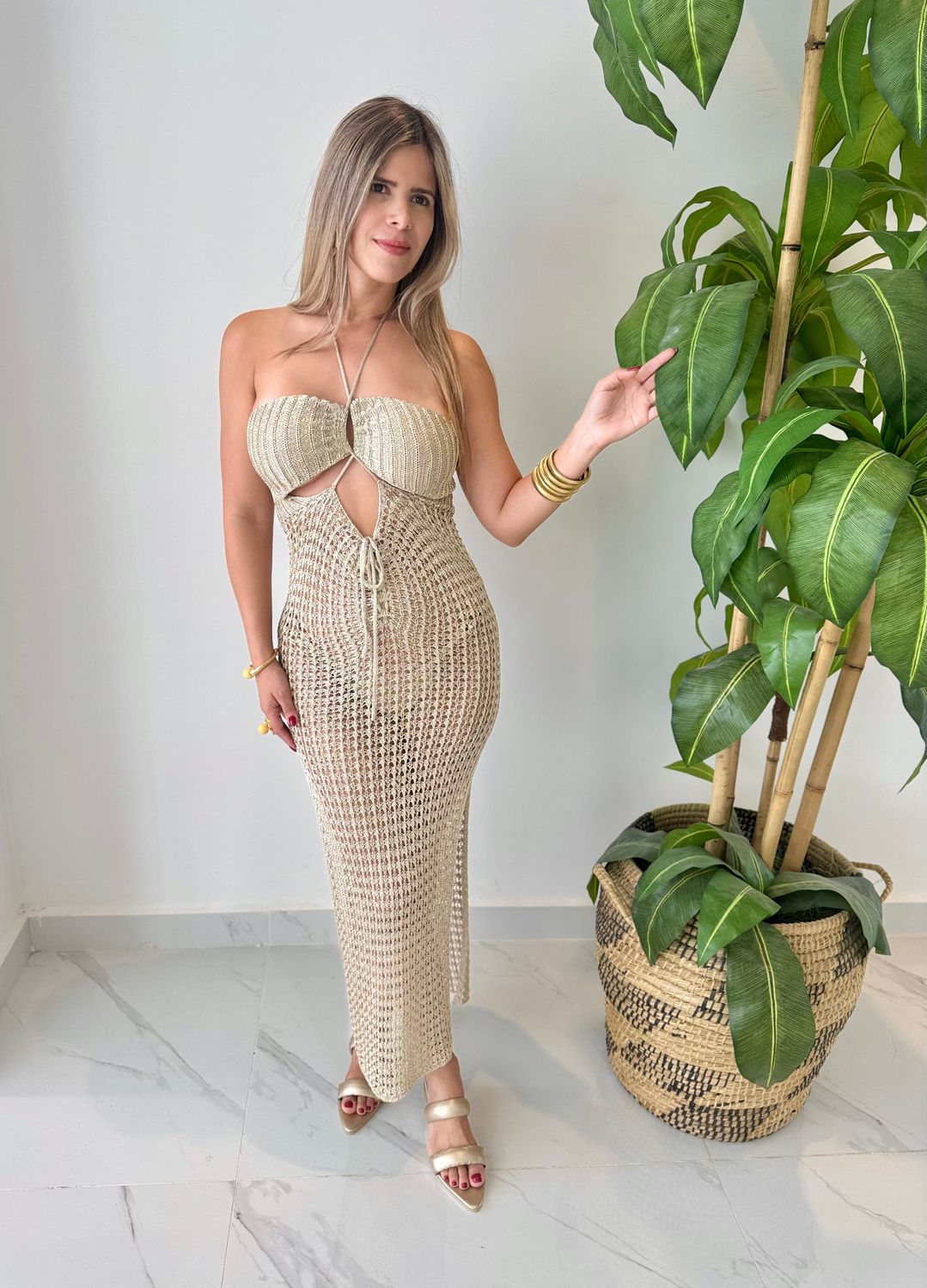 Gold Sparkle Mesh Cover Up Dress