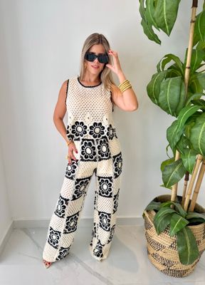 Ivory &amp; Black Flowers Crochet Pant Set