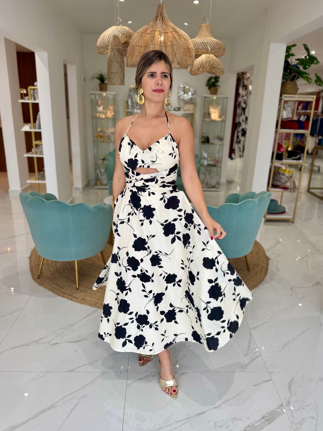 Ivory &amp; Black Flowers Midi Dress
