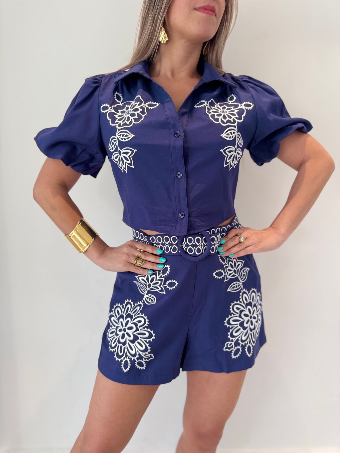 Navy Needlework Short Pant Set