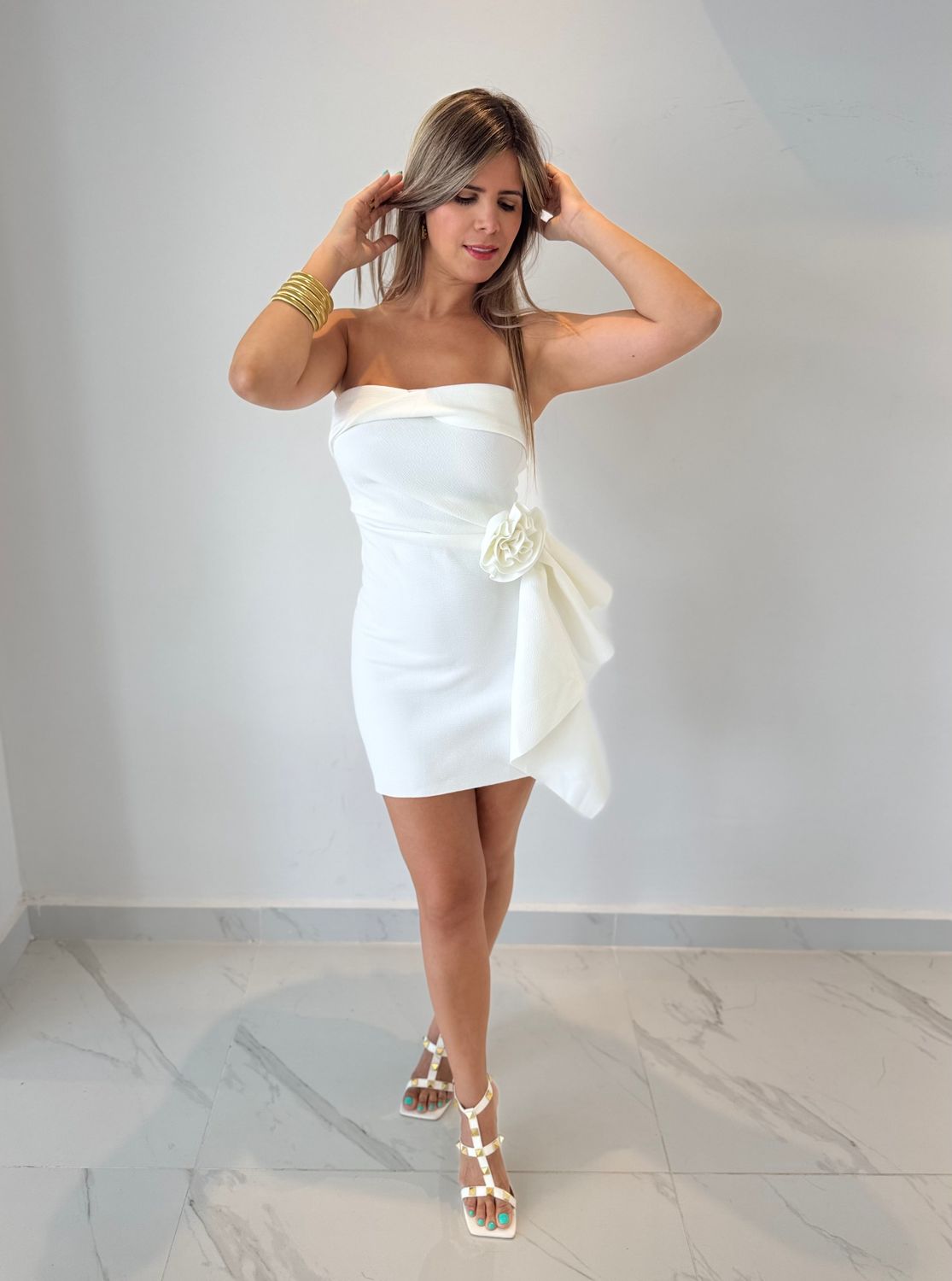 White Rose Strapless Short Dress