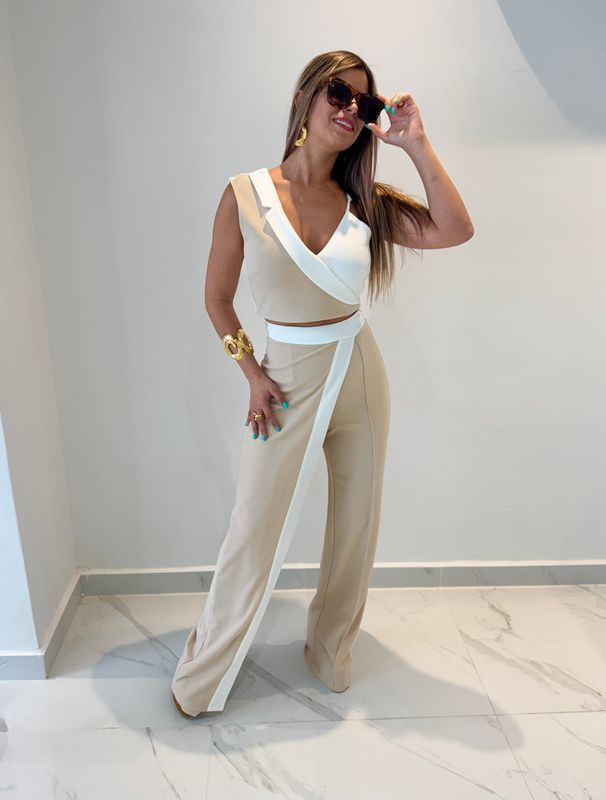 Cream &amp; White Casual Business Pant Set