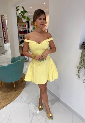 Yellow Butter Off Shoulder Short Dress